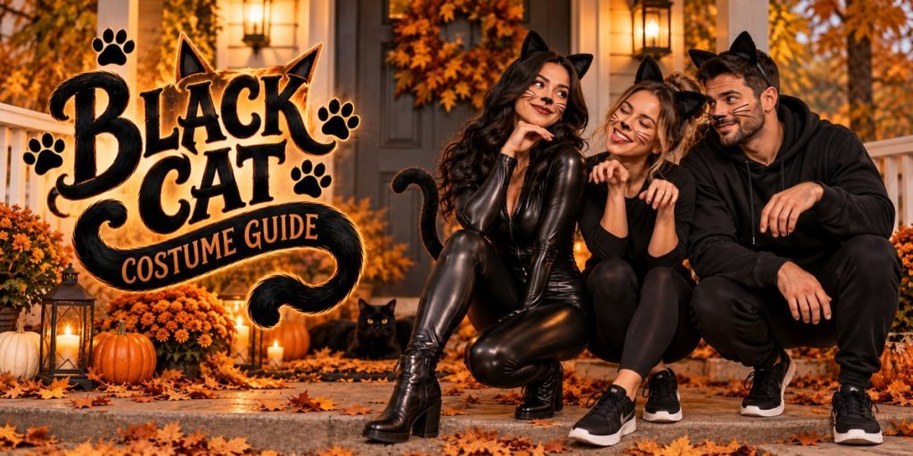 Glossy Black Catsuit, Black Long Sleeve Shirt, Black Leggings and Black Skater Dress beside Black Cat