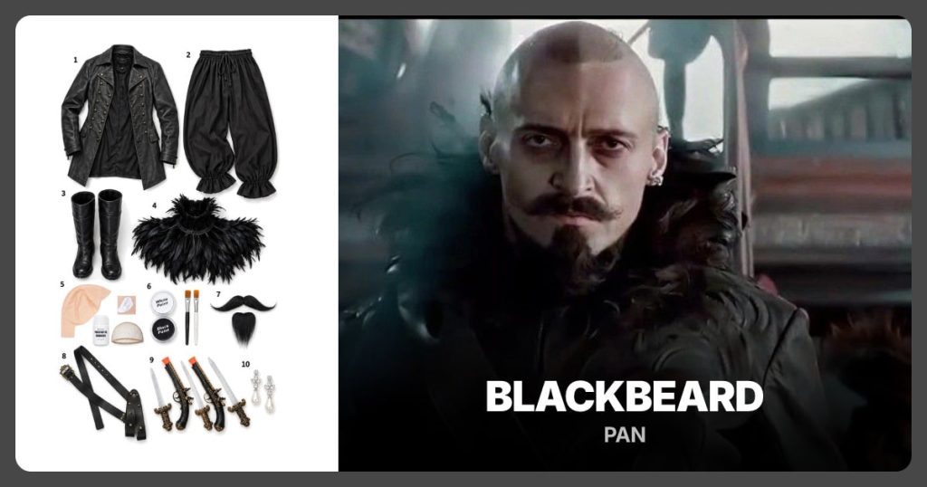 Black Leather-Look Pirate Jacket, Black Baggy Pirate Trousers and Black Knee-High Boots beside Blackbeard