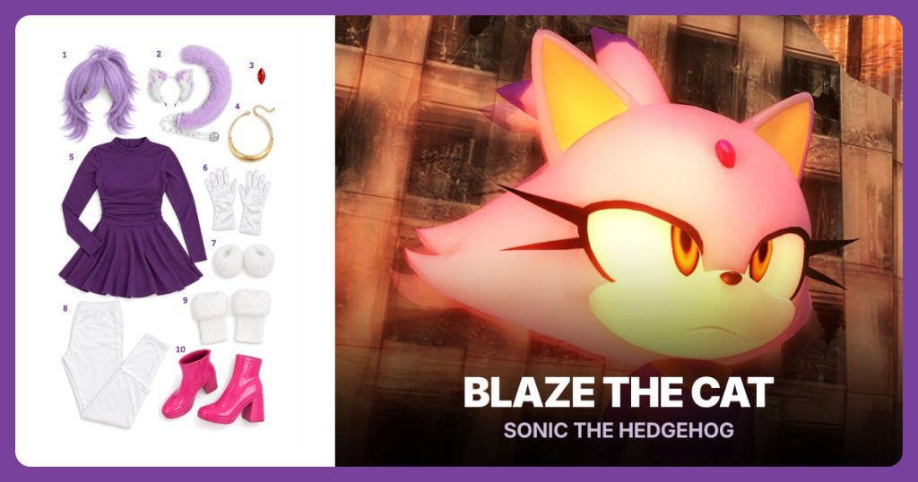 Light Purple Layered Wig, Purple Cat Ears and Tail, Red Forehead Jewel and Gold Collar Necklace beside Blaze the Cat