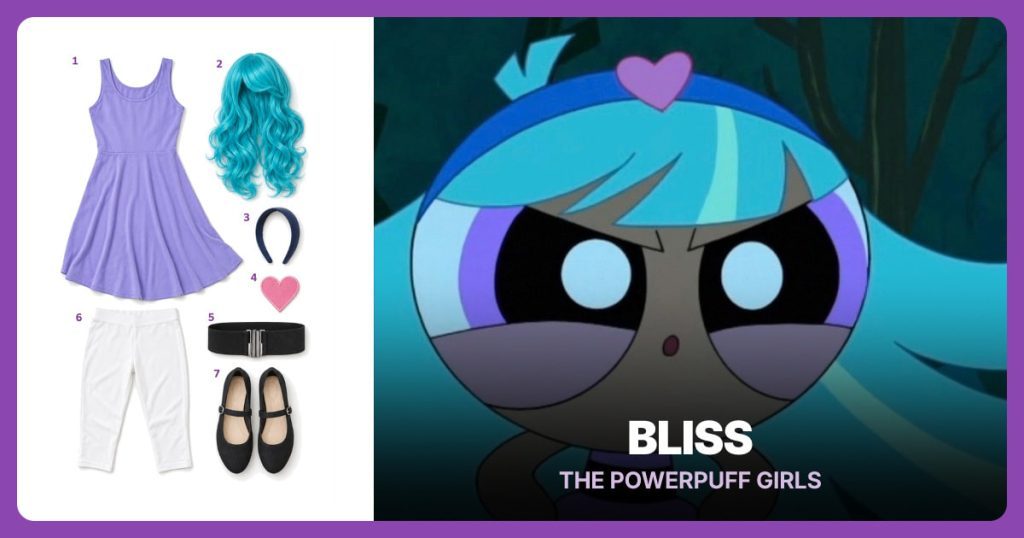 Light Purple Dress, Long Teal Blue Wig, Navy Blue Headband and Pink Heart Patches beside Bliss