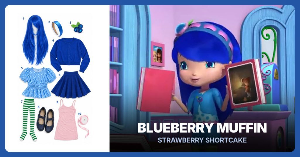 Long Royal Blue Wig, Royal Blue Headband, Blueberry Hair Clip and Cropped Blue Cardigan beside Blueberry Muffin