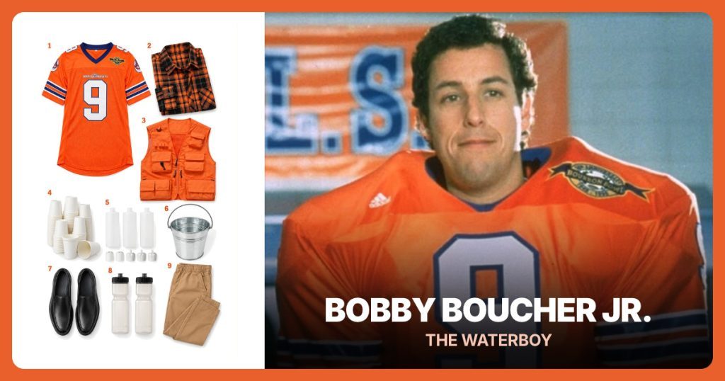 Bobby Boucher Football Jersey, Orange Plaid Flannel Shirt, Orange Utility Vest and Paper Cups beside Bobby Boucher Jr.