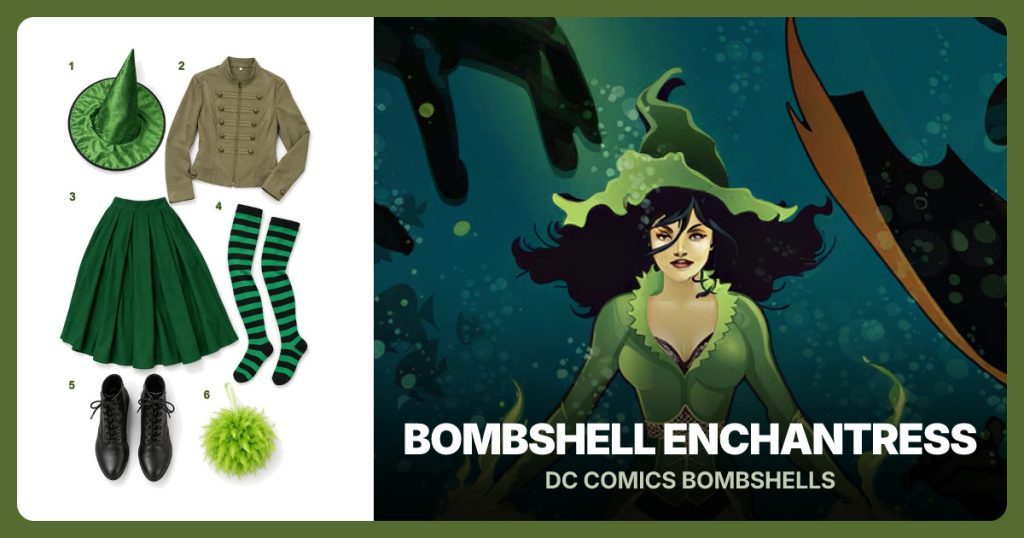 Green Pointed Witch Hat, Olive Green Military Jacket, Green Pleated Skirt and Black and Green Thigh-High Socks beside Bombshell Enchantress