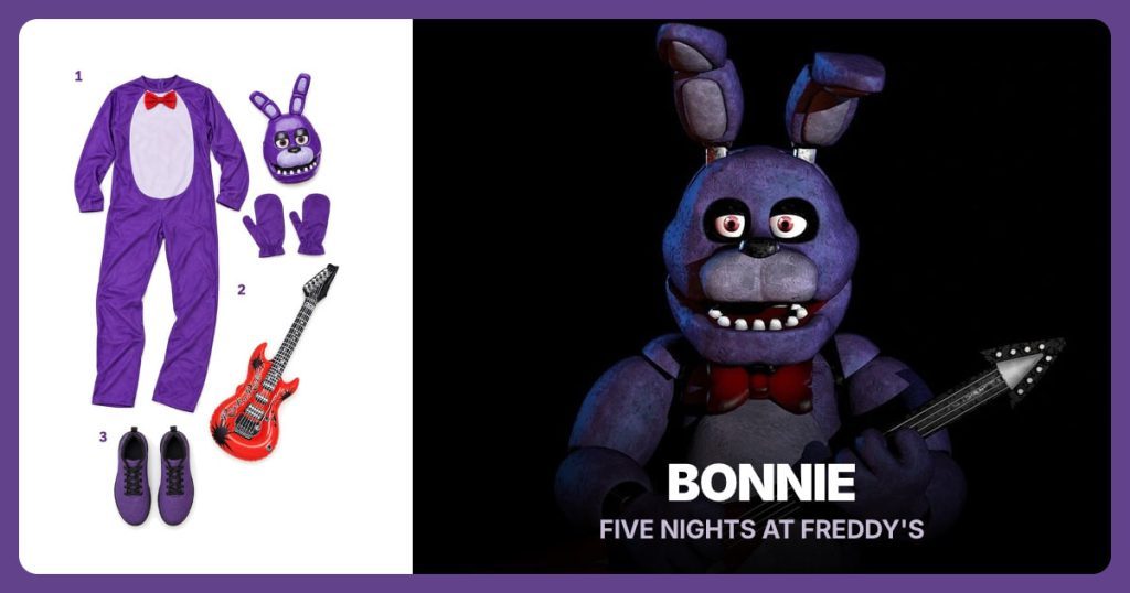 Bonnie Costume Set, Red Inflatable Guitar and Purple Sneakers beside Bonnie