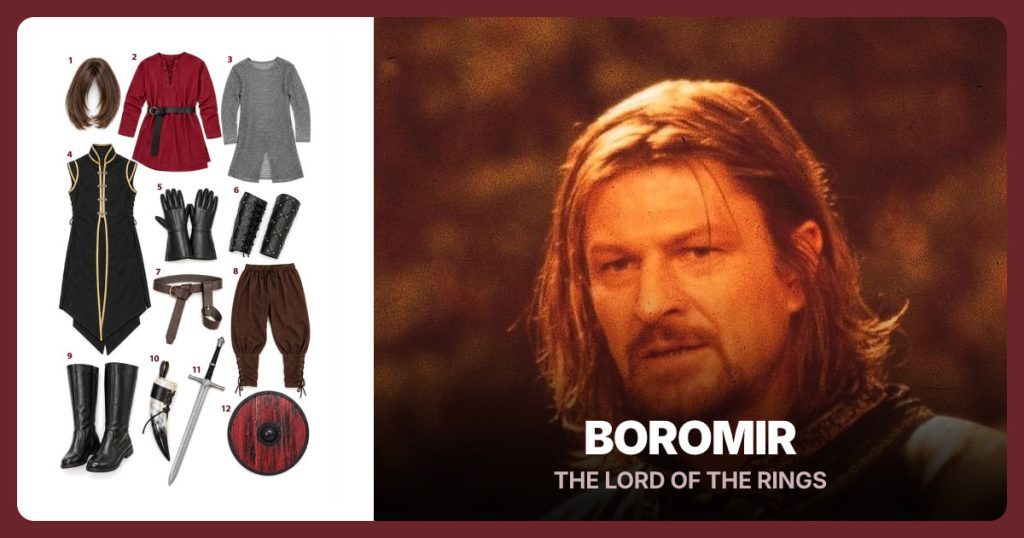 Brown Shoulder-Length Wig, Red Medieval Tunic, Metallic Knit Mail Tunic and Black Long Medieval Vest beside Boromir