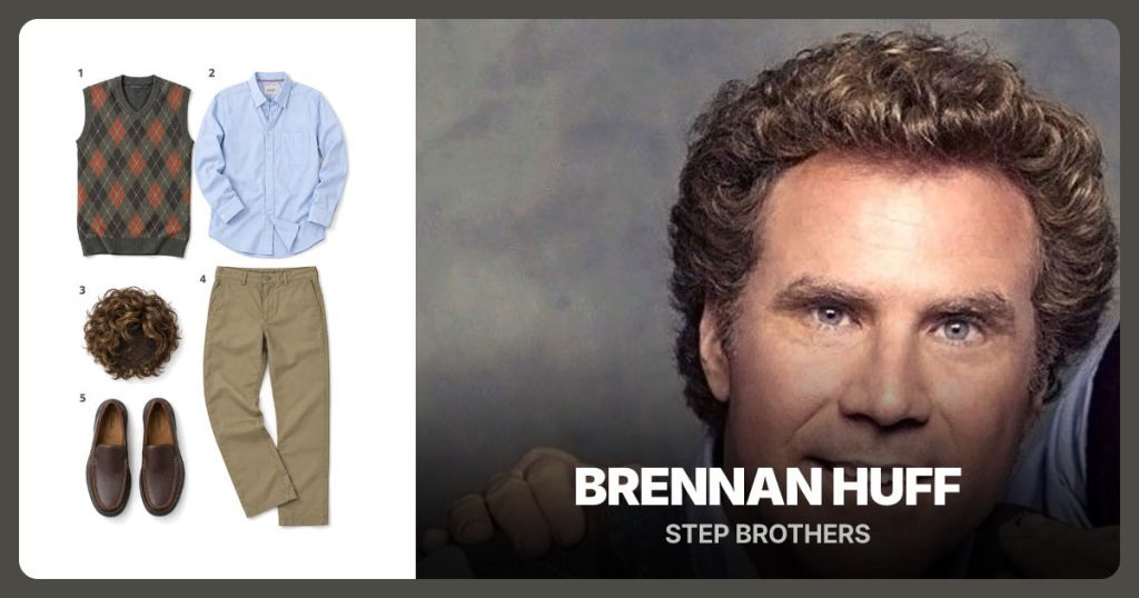 Charcoal Argyle Sweater Vest, Light Blue Oxford Shirt, Short Brown Curly Wig and Khaki Chino Pants beside Brennan Huff — Step Brothers