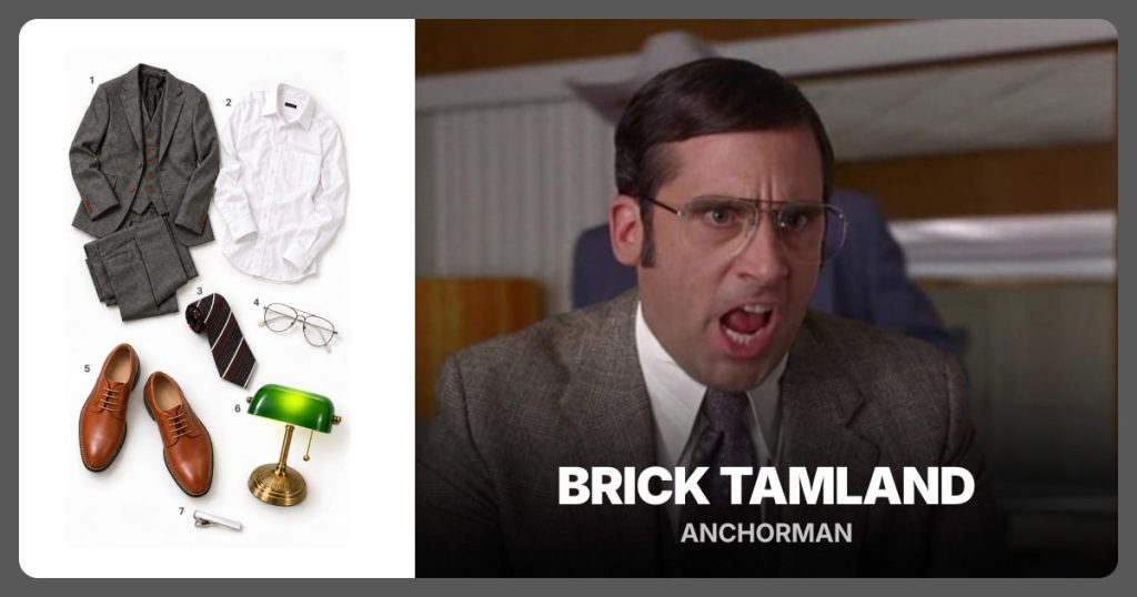 Gray Checked Three-Piece Suit Set, White Long-Sleeved Dress Shirt and Coffee-Brown Striped Necktie beside Brick Tamland