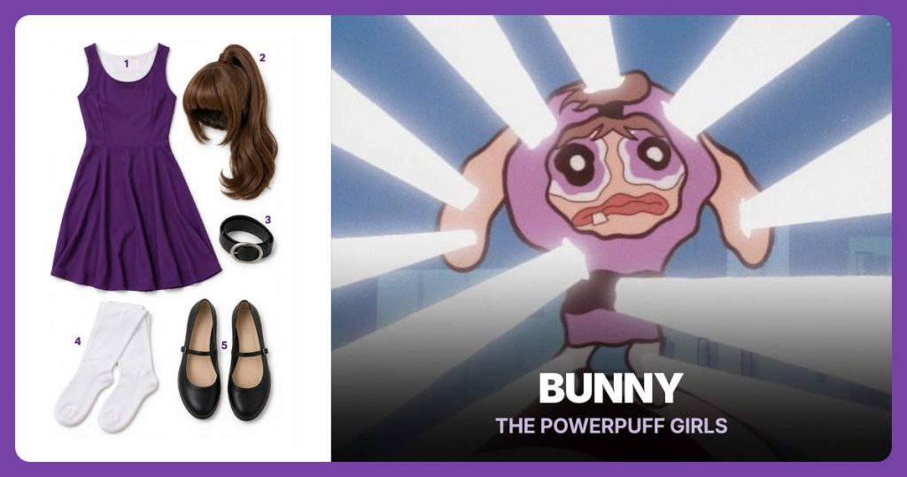 Deep Purple Sleeveless Tank Dress, Brown Ponytail Wig with Bangs and Black Leather Belt with Silver Oval Buckle beside Bunny