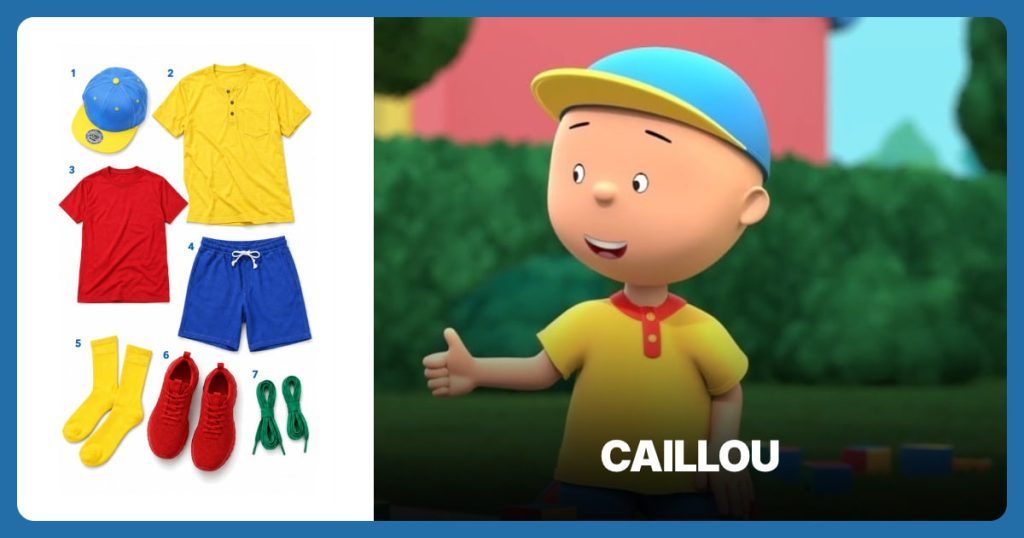 Blue and Yellow Cap, Yellow Henley Shirt, Red Crewneck Shirt and Blue Shorts beside Caillou