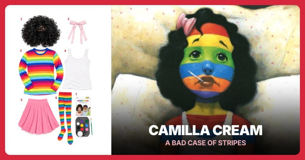Black Curly Wig, Pink Hair Bow, Rainbow Striped Long-Sleeve Shirt and White Lace-Trim Camisole beside Camilla Cream