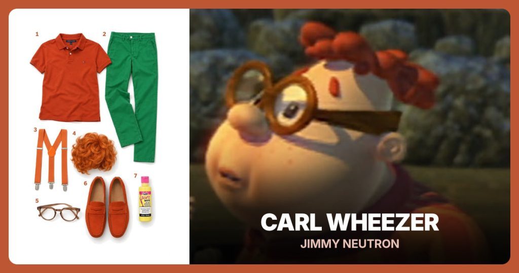 Rust Orange Polo Shirt, Green Straight-Leg Pants, Orange Suspenders and Short Orange Curly Wig beside Carl Wheezer