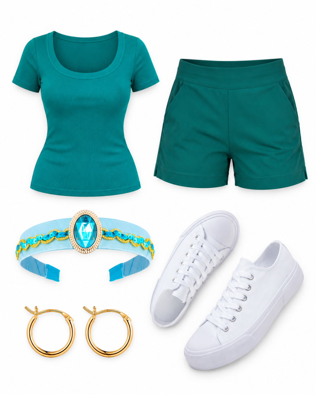 Teal ribbed tee, deep-teal shorts, blue headband with oval aqua jewel and gold trim, small gold hoops and white canvas sneakers on white