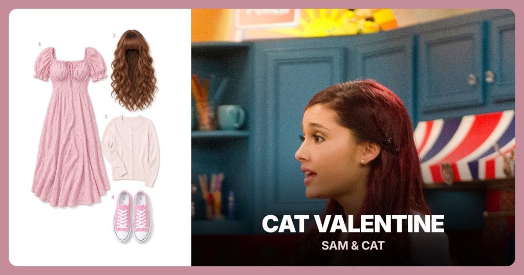 Pink Floral Dress, Long Auburn Curly Wig, Light Pink Cardigan and Bright Pink Low-Top Sneakers beside Cat Valentine — Victorious / Sam & Cat