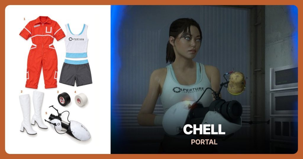 White Knee-High Boots, Black Vinyl Tape, White Athletic Tape and Full-Size Portal Device Prop beside Chell
