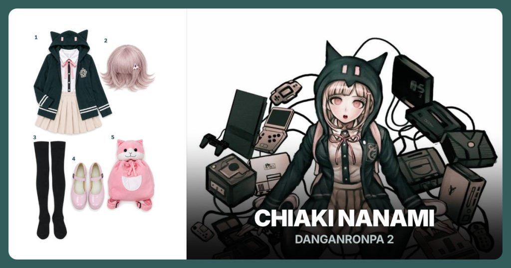 Chiaki Uniform Set, Pink-Beige Wig with Pixel Clip, Black Thigh-High Socks and Pink Single-Strap Flats beside Chiaki Nanami