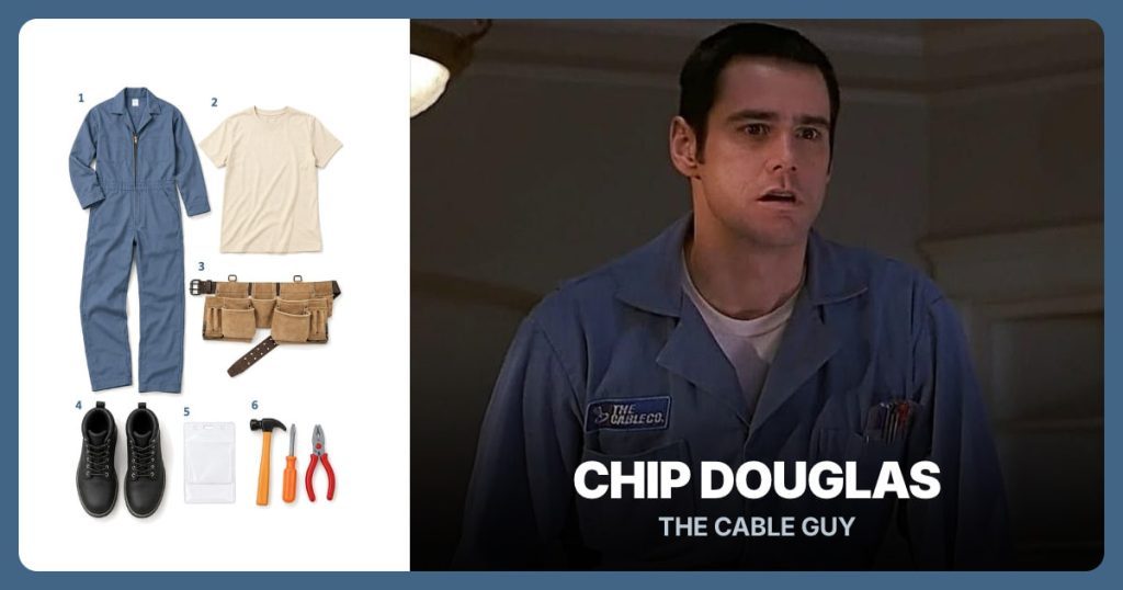 Blue Work Coveralls, Cream Crew-Neck T-Shirt, Tan Suede Tool Belt and Black Work Boots beside Chip Douglas