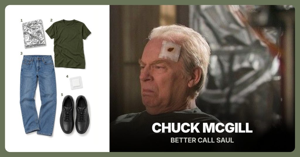Silver Emergency Blanket, Olive Crew-Neck T-Shirt, Blue Straight-Leg Jeans and White Square Dressing beside Chuck McGill