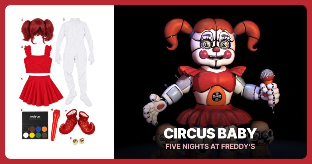 Red Pigtail Wig, White Full Bodysuit, Red Ruffle Crop Top and Red Mini Skater Skirt beside Circus Baby