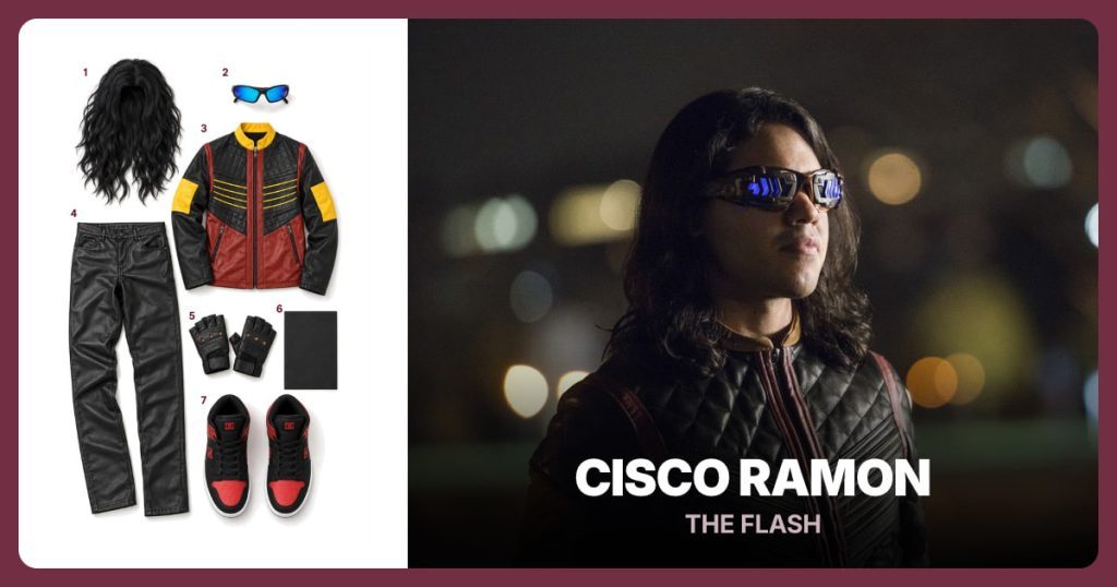 Black Wavy Wig, Blue Mirrored Sunglasses, Vibe Jacket and Black Faux Leather Pants beside Cisco Ramon