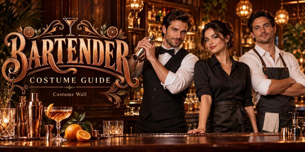 Charcoal Waistcoat, Burgundy Waistcoat, White Button Shirt and Black Button Shirt beside Bartender