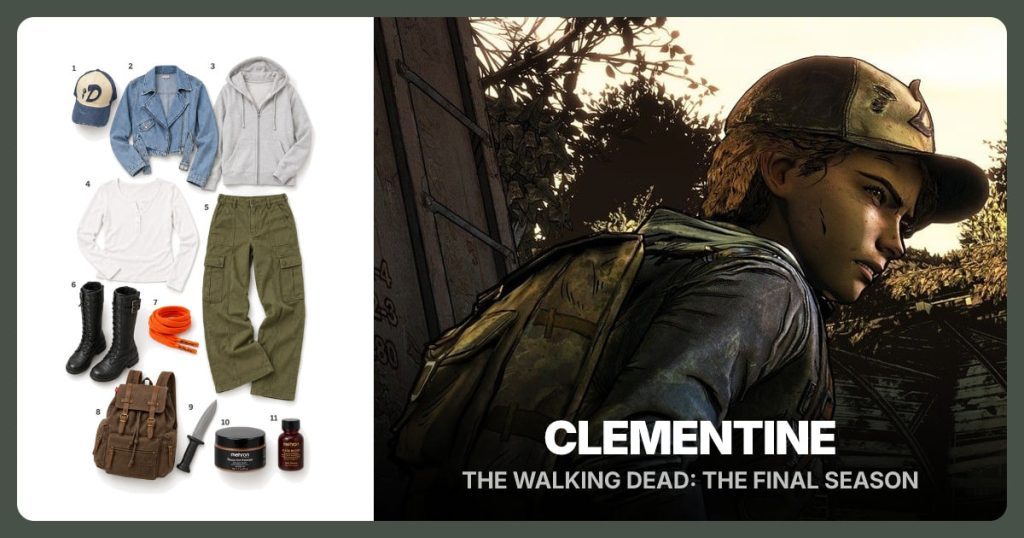 Weathered D Cap, Blue Denim Moto Jacket, Light Gray Zip Hoodie and White Henley Shirt beside Clementine