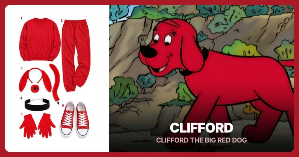 Red Crewneck Sweatshirt, Red Sweatpants, Red Dog Ears, Nose and Tail Set and Plain Black Velvet Choker beside Clifford