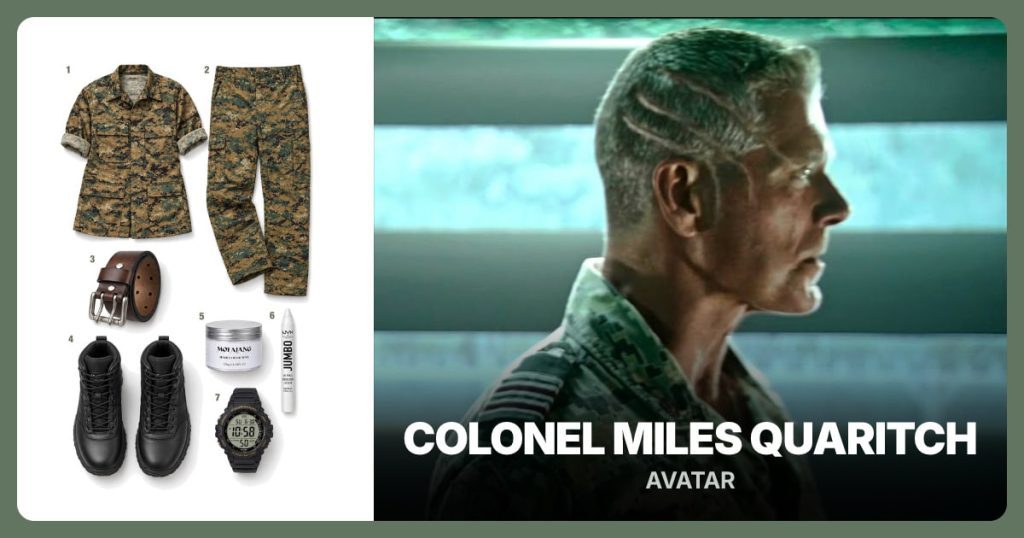 Digital Camouflage Shirt, Digital Camouflage Cargo Pants, Brown Double-Prong Belt and Black Combat Boots beside Colonel Miles Quaritch