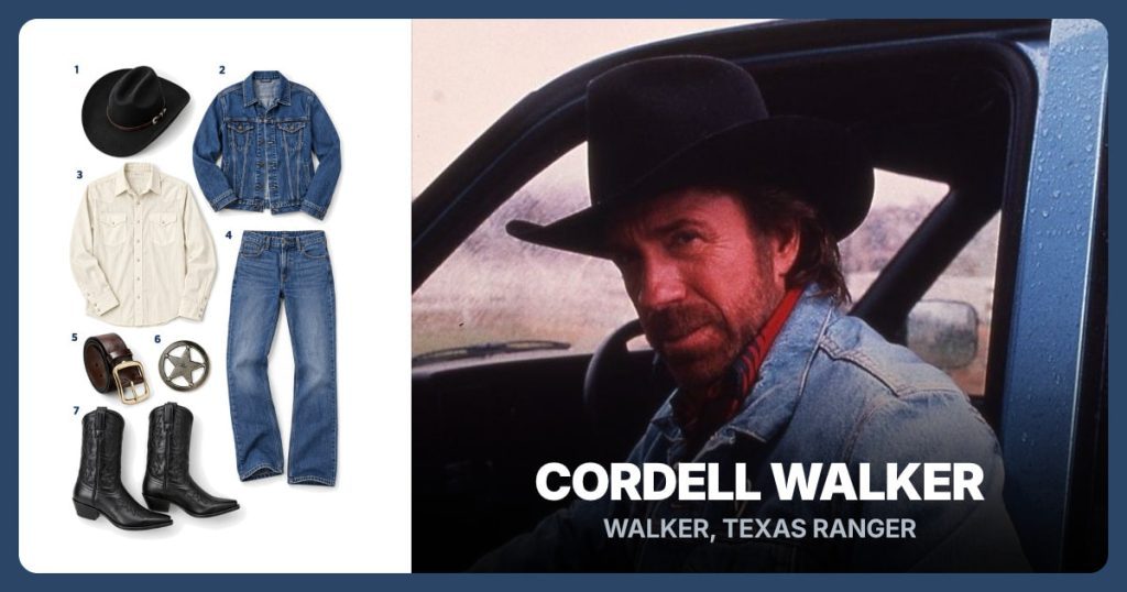Black Cowboy Hat, Blue Denim Jacket, Light Tan Western Shirt and Blue Bootcut Jeans beside Cordell Walker