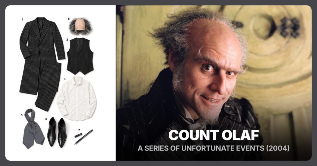 Pinstripe Long Coat and Pants, Black Pinstripe Waistcoat, Ivory Dress Shirt and Gray Ascot Cravat beside Count Olaf