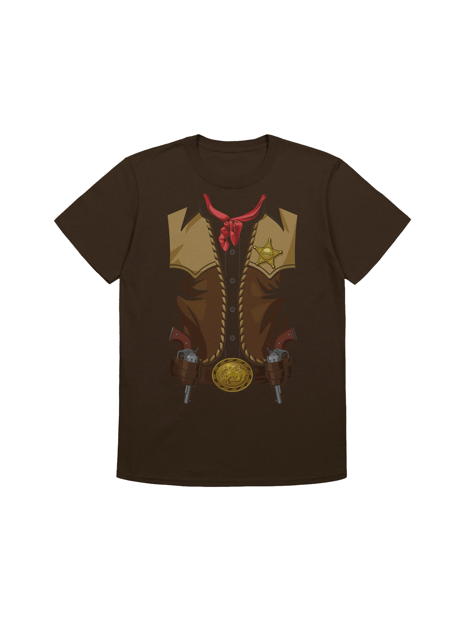 Brown cowboy costume T-shirt with a printed sheriff vest, badge, bandana and belt