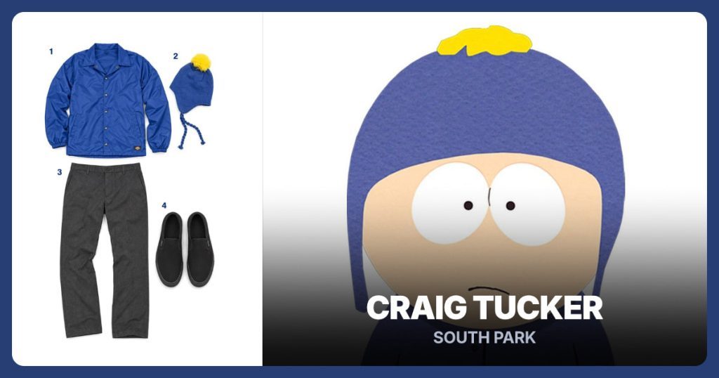 Blue Snap-Front Jacket, Blue Earflap Pom Hat, Charcoal Straight-Leg Pants and Black Slip-on Sneakers beside Craig Tucker