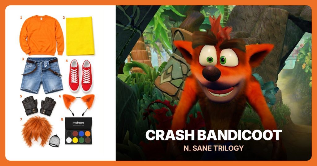 Orange Sweatshirt, Yellow Felt, Blue Denim Shorts and Red High-Top Sneakers beside Crash Bandicoot