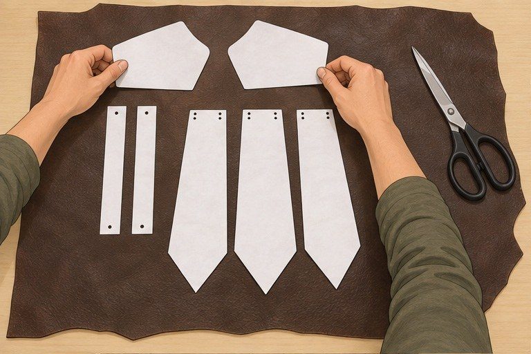 Paper patterns for shoulder overlays, chest strips and three tapered waist panels on faux leather