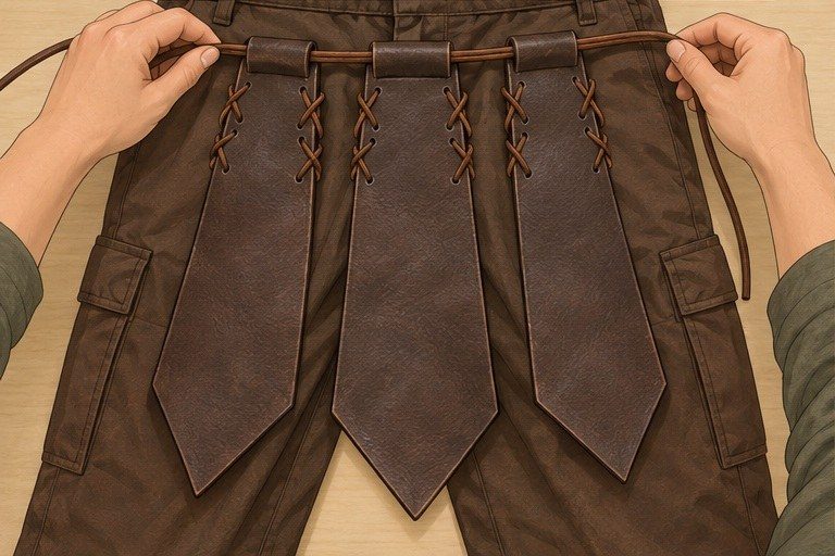 Three laced waist panels hung from a separate cord over brown pants