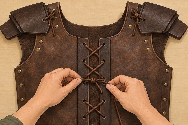 Hands tying decorative chest lacing with shoulder overlays attached to an armor vest