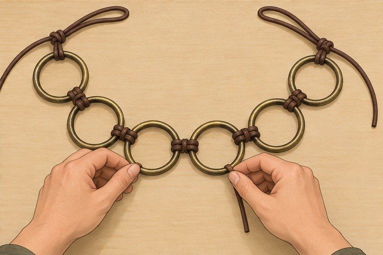 Six bronze rings joined with short brown cord loops to make a necklace