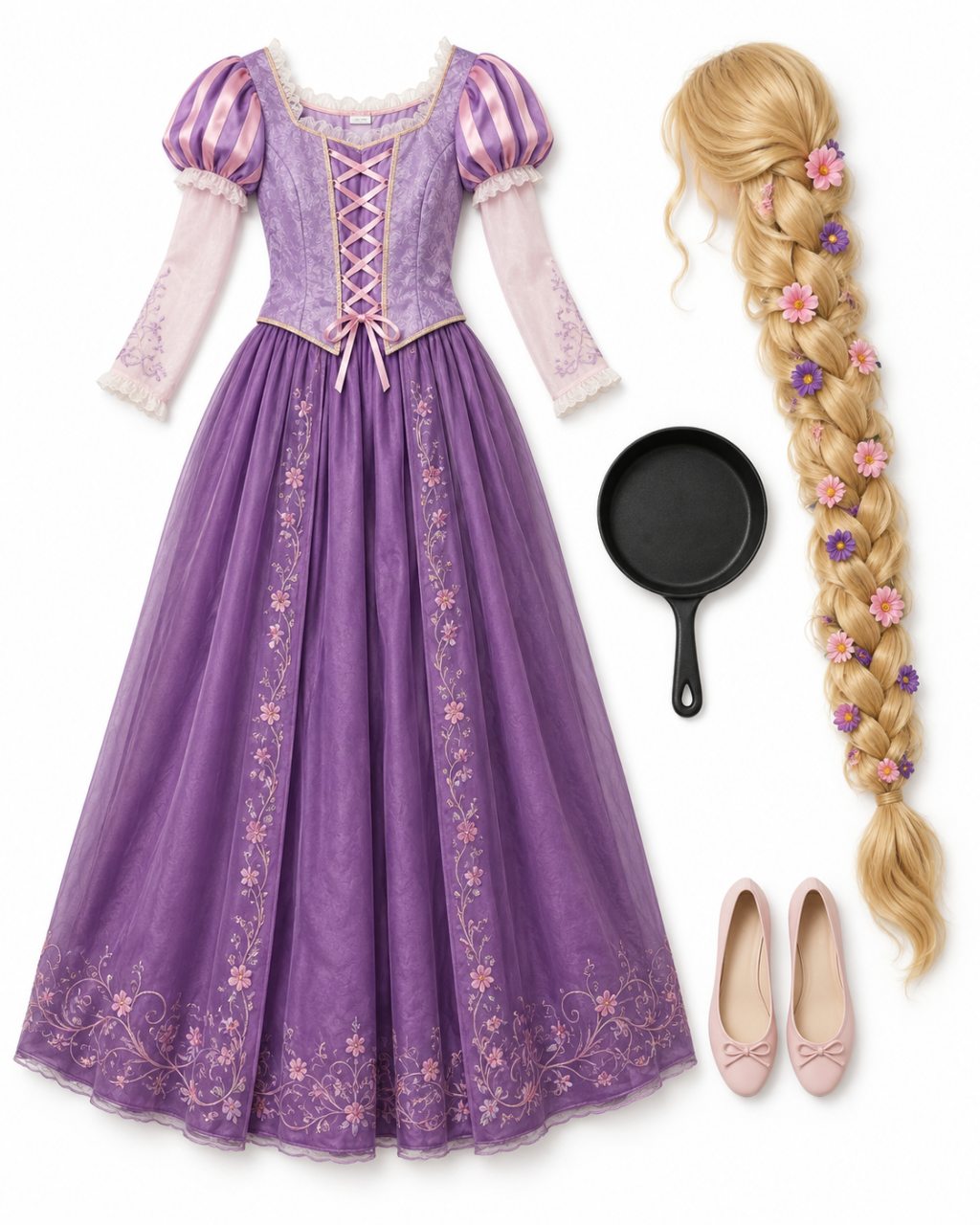 Illustrative Rapunzel costume flatlay with purple gown, long flower-trimmed blonde braid, frying pan and pink ballet flats