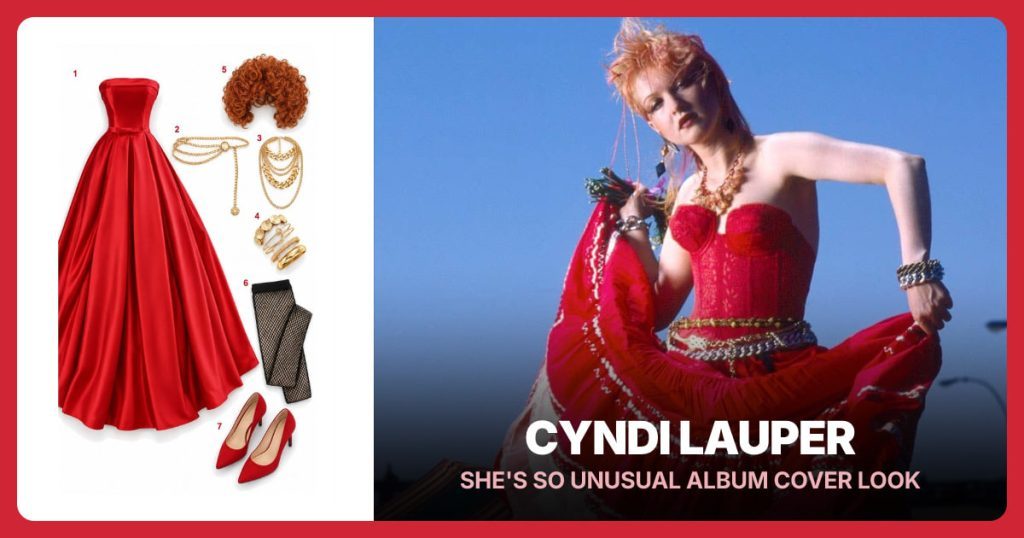 Red Strapless Corset Gown, Gold Layered Chain Belt and Layered Gold Statement Necklace beside Cyndi Lauper