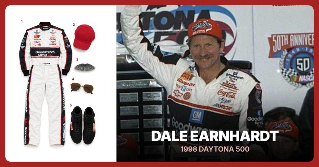 Goodwrench Racing Suit, Red Baseball Cap, Gray Chevron Mustache and Brown Aviator Sunglasses beside Dale Earnhardt