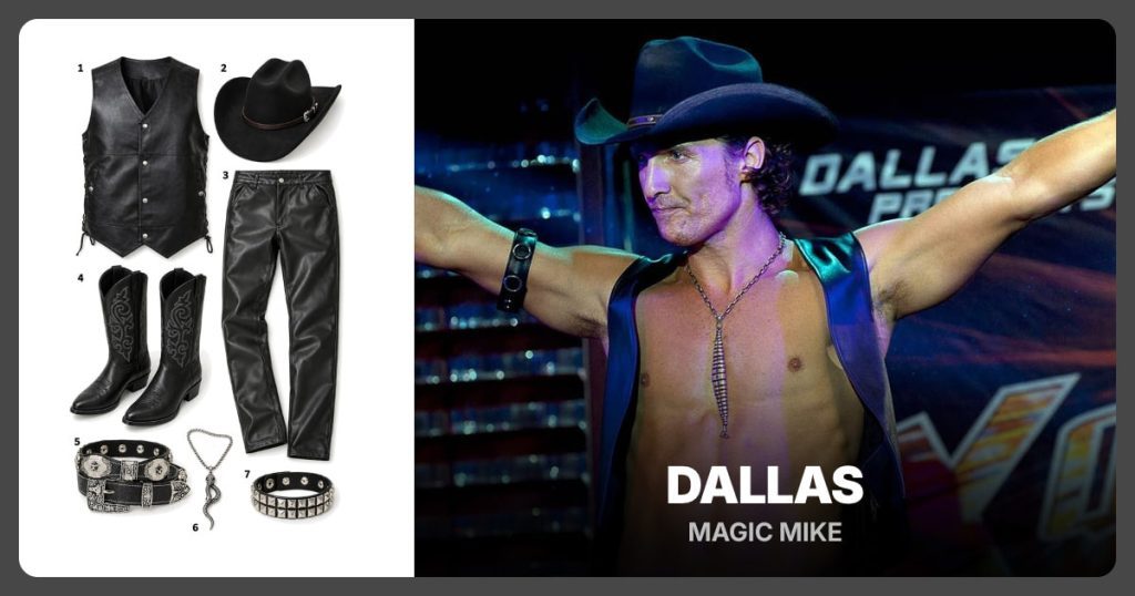 Black Faux Leather Sleeveless Vest, Black Felt Cowboy Hat and Black Faux Leather Pants beside Dallas