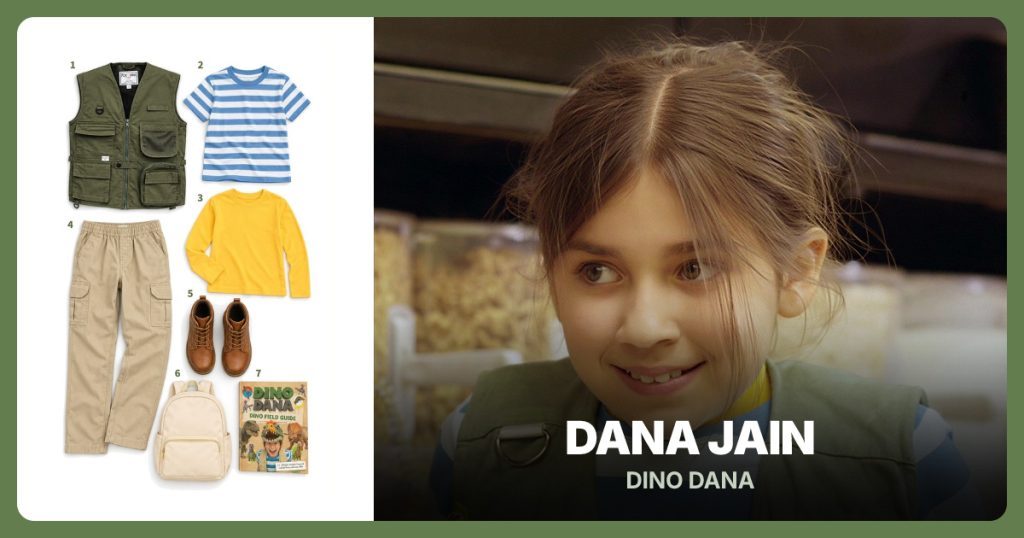 Olive Explorer Vest, Blue-and-White Striped Tee, Yellow Long-Sleeve Tee and Khaki Cargo Pants beside Dana Jain