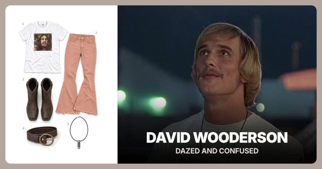 Ted Nugent Album Tee, Peach Bell-Bottom Jeans, Brown Square-Toe Cowboy Boots and Brown Oval-Buckle Belt beside David Wooderson
