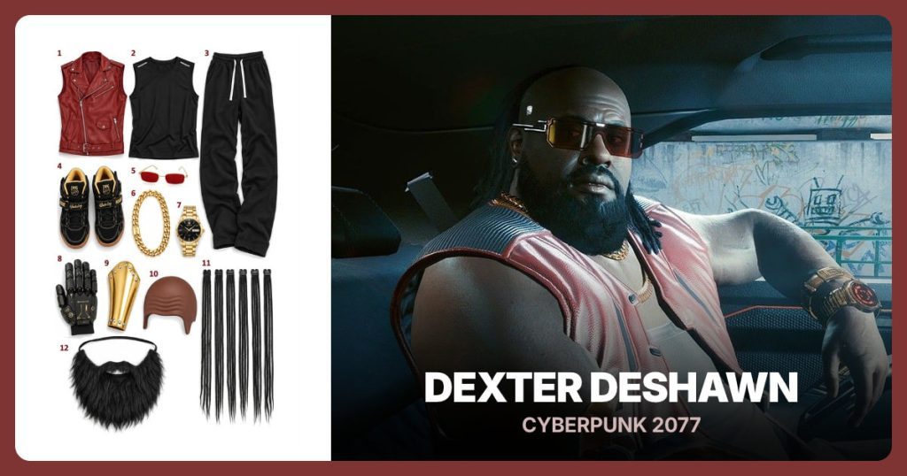 Wine Red Faux Leather Vest, Black Athletic Tank Top, Black Baggy Pants and Black and Gold High Tops beside Dexter DeShawn
