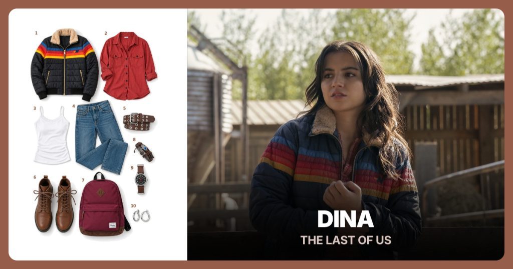 Five-Stripe Jacket, Rust-Red Button Shirt, White Lace-Trim Tank and Dark Blue Jeans beside Dina
