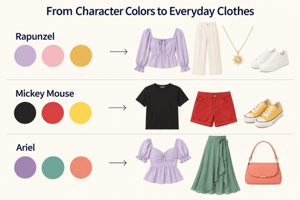 Three rows translate Rapunzel lavender, pink and gold; Mickey black, red and yellow; and Ariel purple, green and coral into everyday clothes.
