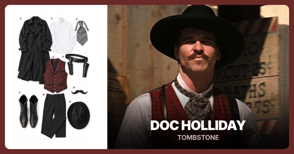 Black Trench Coat, White High-Collar Shirt, Silver Puff Tie and Western Belt and Holsters beside Doc Holliday