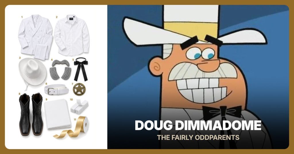 White Two-Piece Suit, White Dress Shirt, White Cowboy Hat Base and Gray Mustache and Sideburns beside Doug Dimmadome