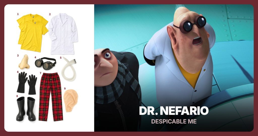Dr. Nefario costume from Despicable Me: Yellow T-Shirt, White Lab Coat, Witch Nose Prosthetic, Round Goggles