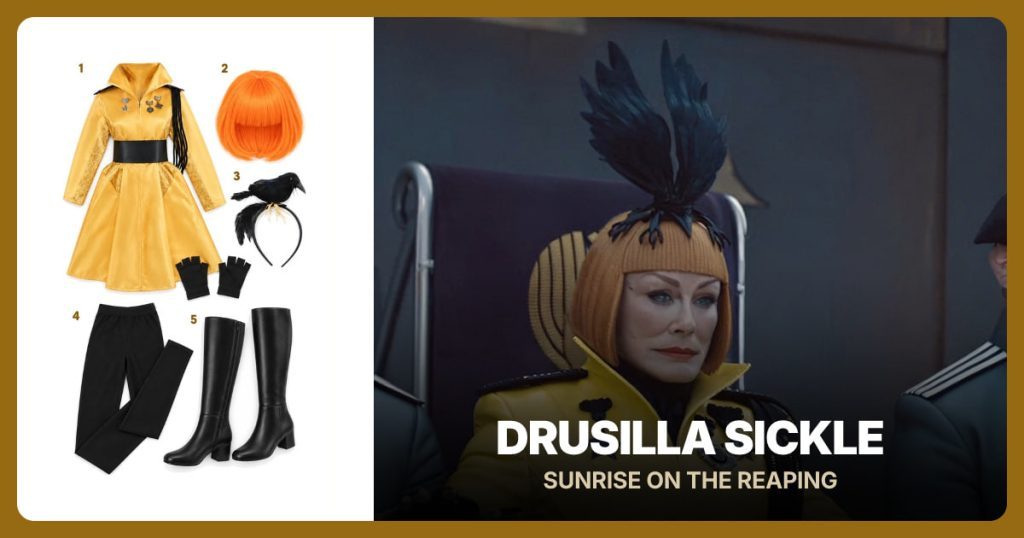 Yellow Drusilla Costume Set, Orange Bob Wig, Black Crow Headband and Black Full-Length Leggings beside Drusilla Sickle