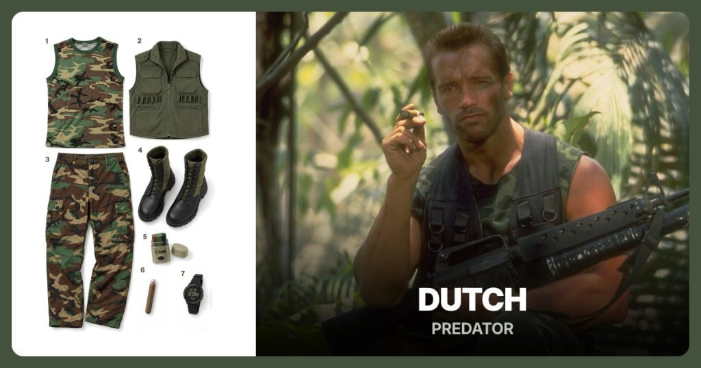 Woodland Camo Tank Top, Olive Utility Vest, Woodland Camo Cargo Pants and Olive Jungle Boots beside Dutch